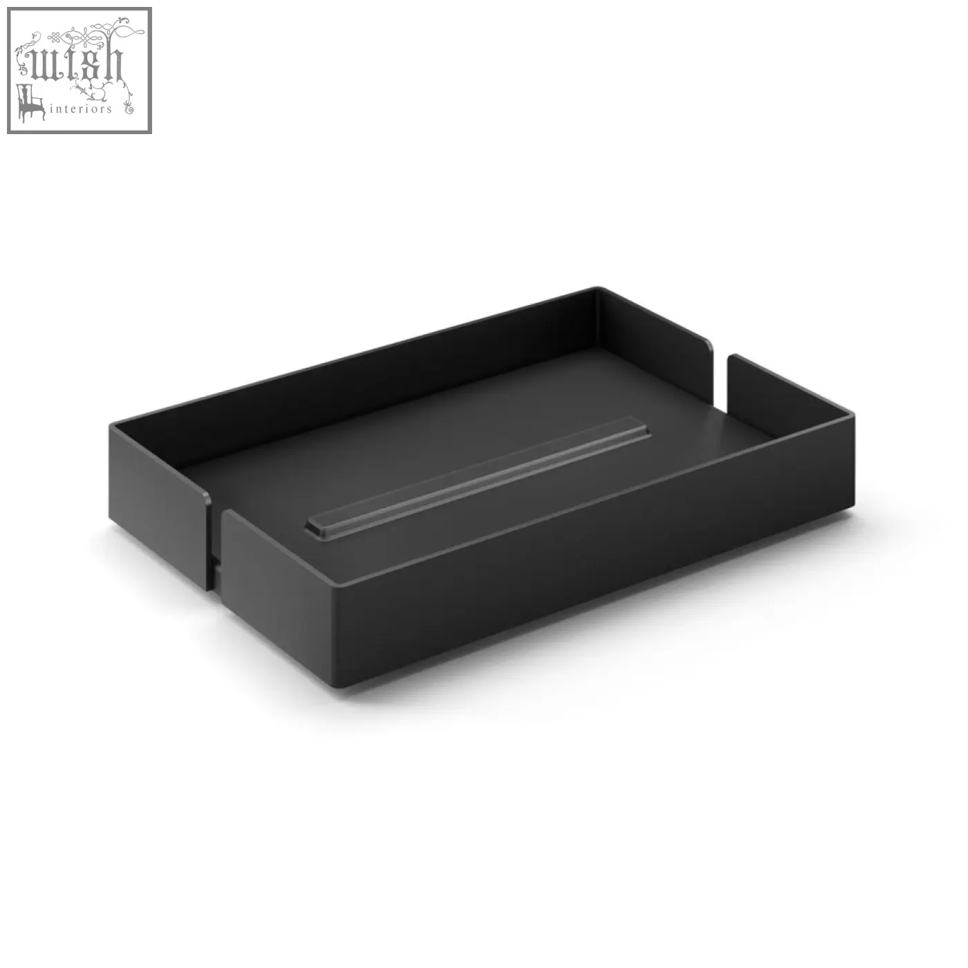Black rectangular stainless steel potes soap dish with sleek minimalist design and groove for organizing soap