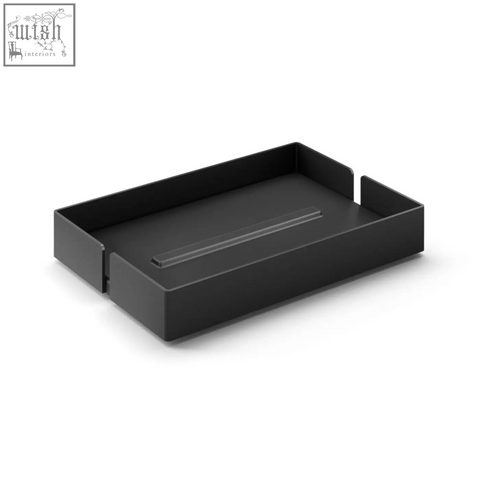 Black rectangular stainless steel potes soap dish with sleek minimalist design and groove for organizing soap