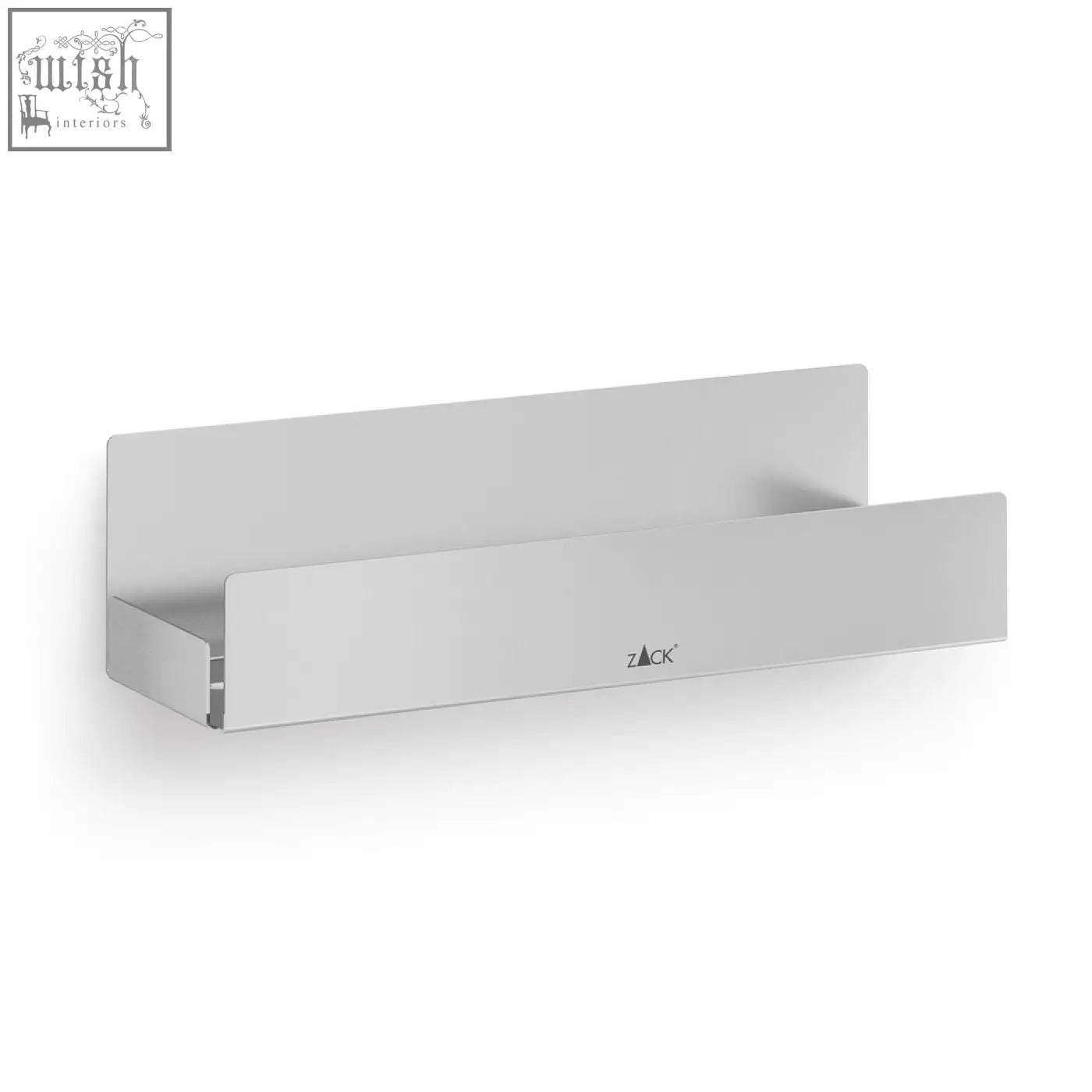 Silver metallic wall-mounted potes shower tray with minimalist design and zack engraved on brushed stainless steel surface