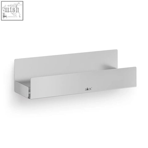 Silver metallic wall-mounted potes shower tray with minimalist design and zack engraved on brushed stainless steel surface