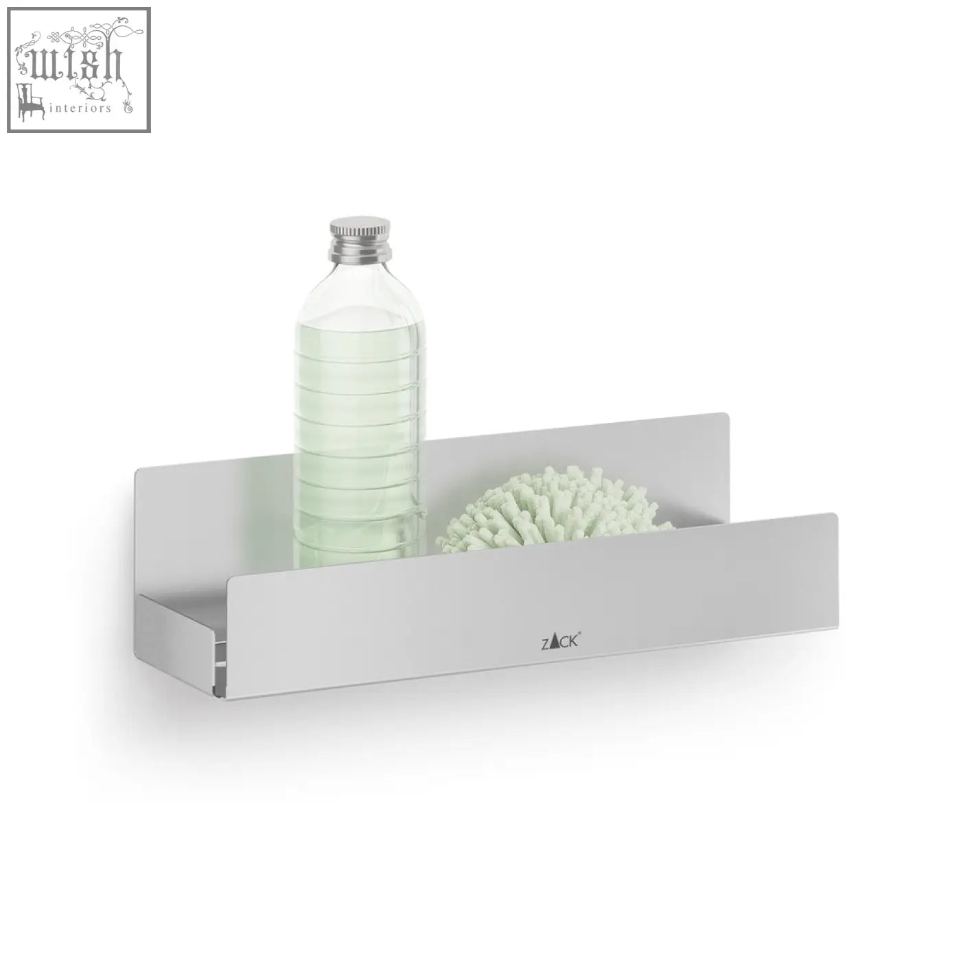 Silver metallic wall-mounted potes shower tray shelf with minimalist design holding clear bottle and white sponge