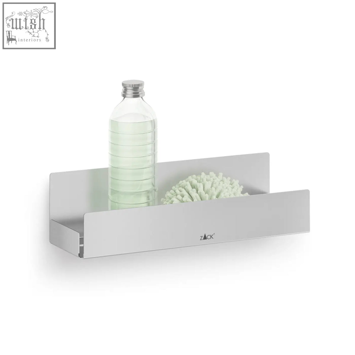 Silver metallic wall-mounted potes shower tray shelf with minimalist design holding clear bottle and white sponge