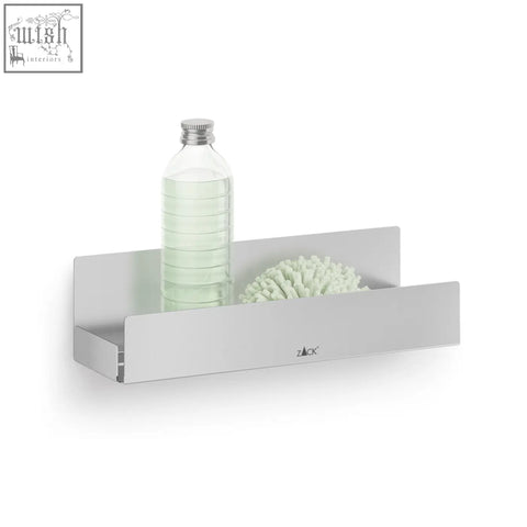 Silver metallic wall-mounted potes shower tray shelf with minimalist design holding clear bottle and white sponge