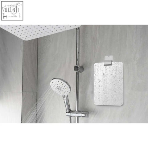A sleek white fog-free shower mirror with shatterproof acrylic and a minimalist stainless steel hook holder