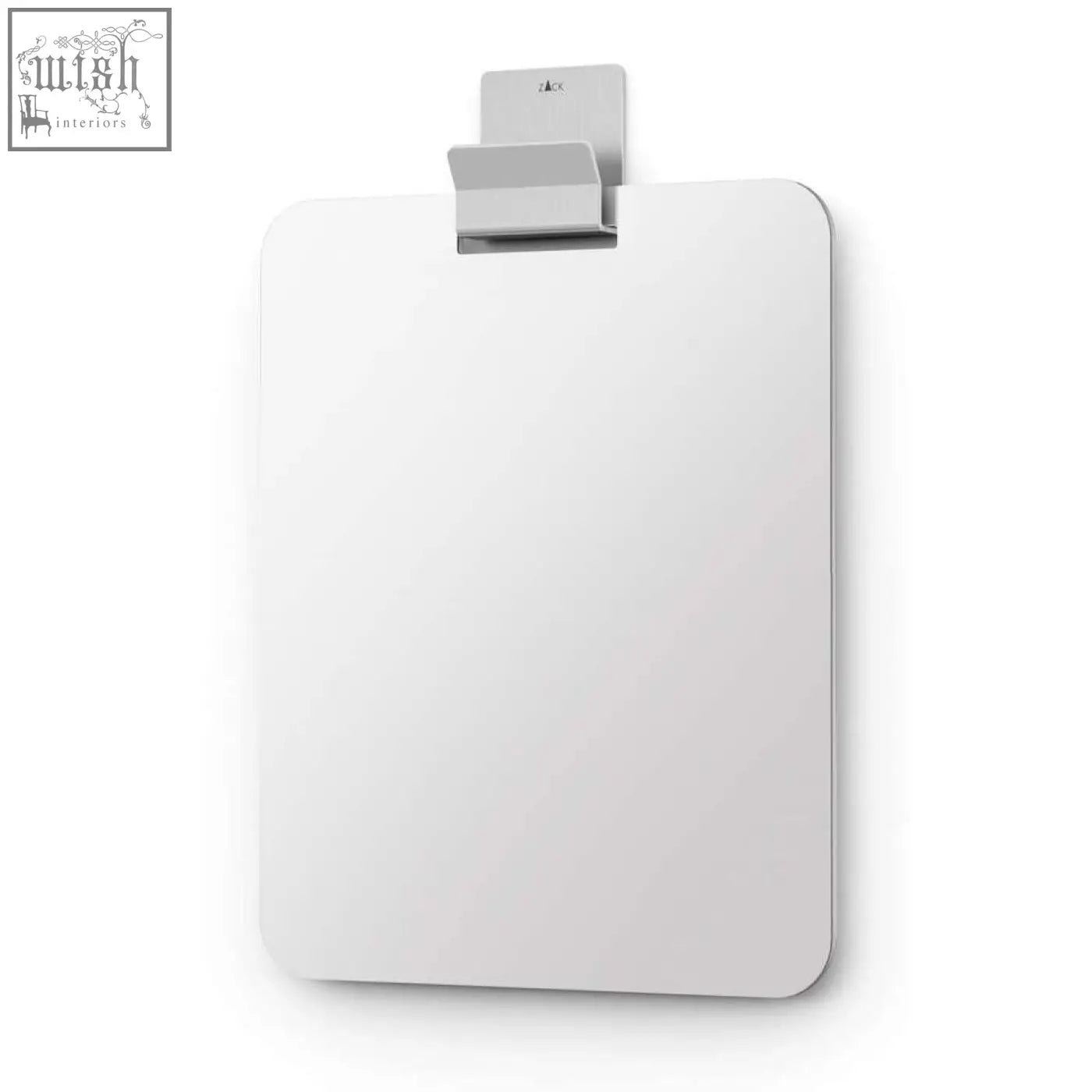 A sleek white fog-free shower mirror with a stainless steel hook and silver magnetic board clip wall mount
