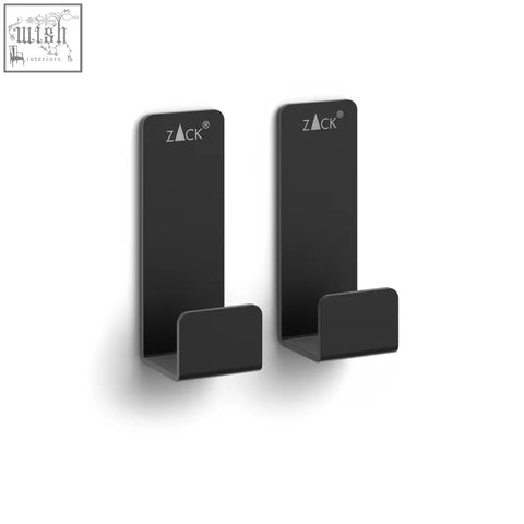 Black metal towel hook set with sleek minimalist design and zack logo premium stainless steel no drilling hook set