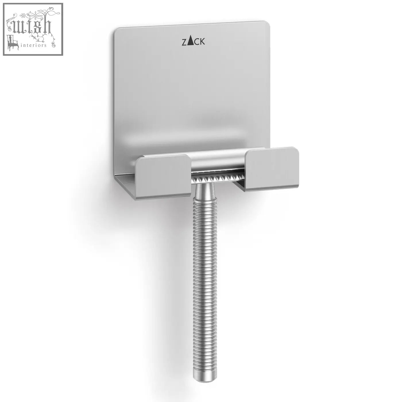 Silver matt brushed stainless steel wall-mounted razor holder with textured grip handle by zack potes