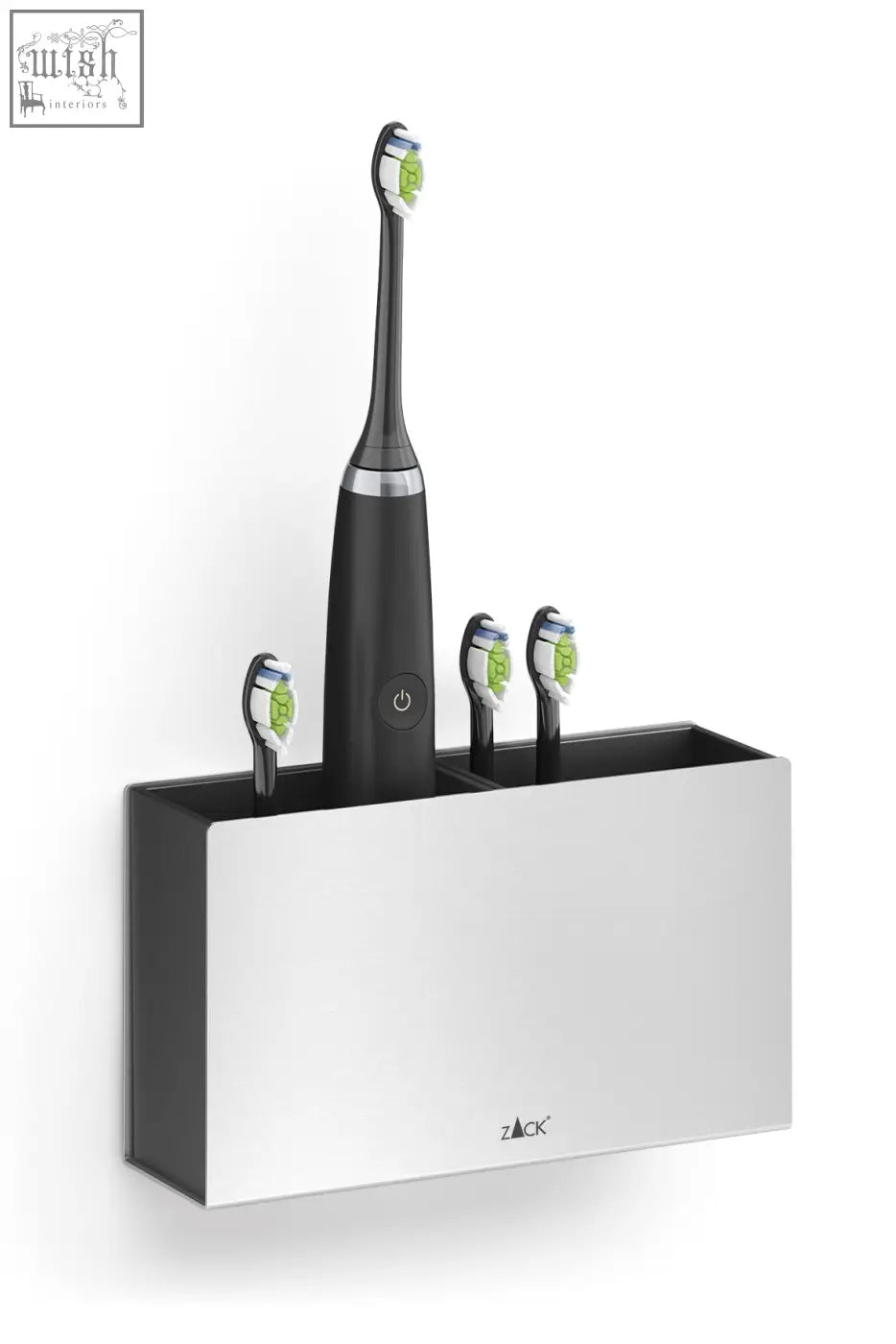 Black and silver zack electric toothbrush with green bristles in stainless steel potes toothbrush holder on wall mount