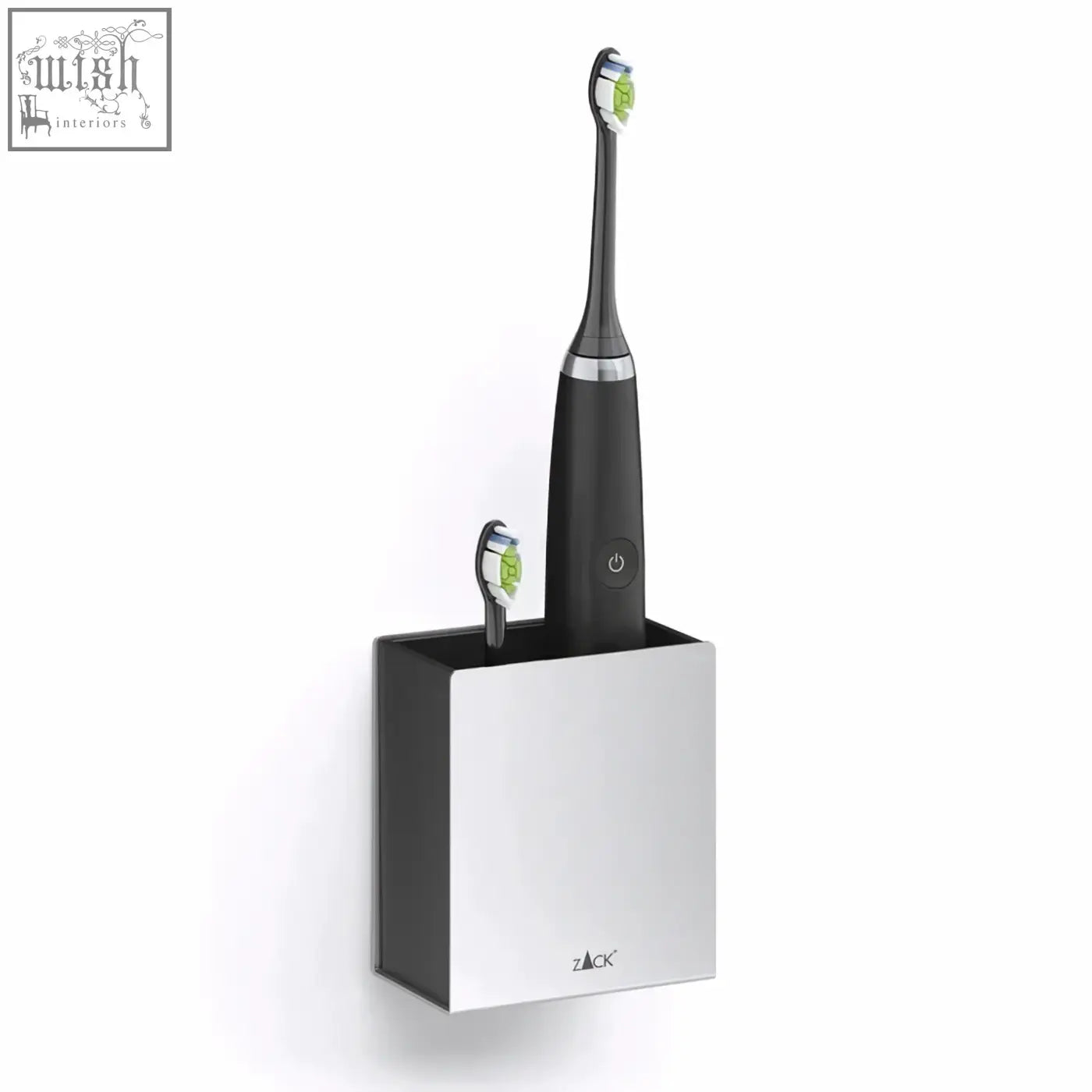 Black and silver electric toothbrush with green bristles in sleek zack potes stainless steel wall-mounted toothbrush holder
