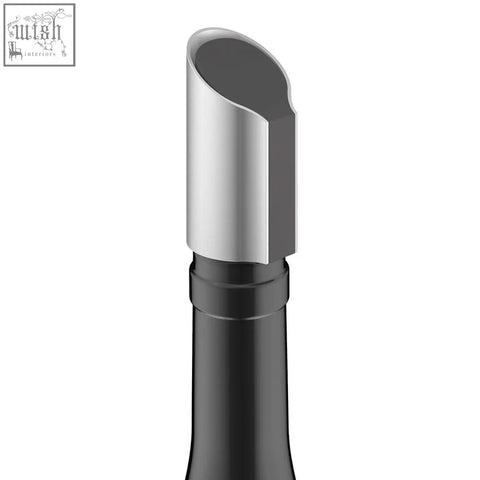 Silver metallic wine bottle stopper with black rubber seal complements the premiro pourer brushed stainless steel design