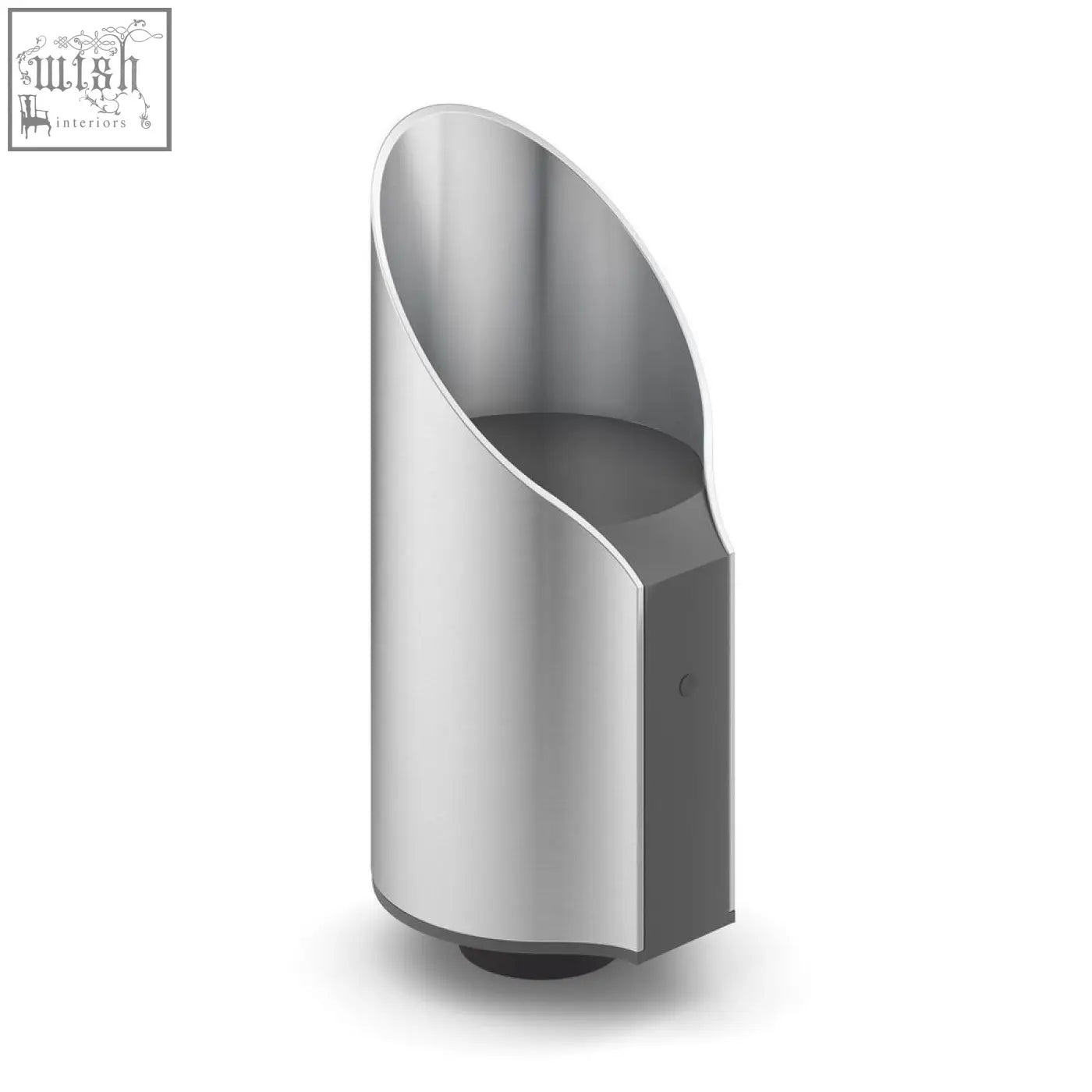 Modern stainless steel trash can with sleek curved design and matte black base shown alongside premiro decanter