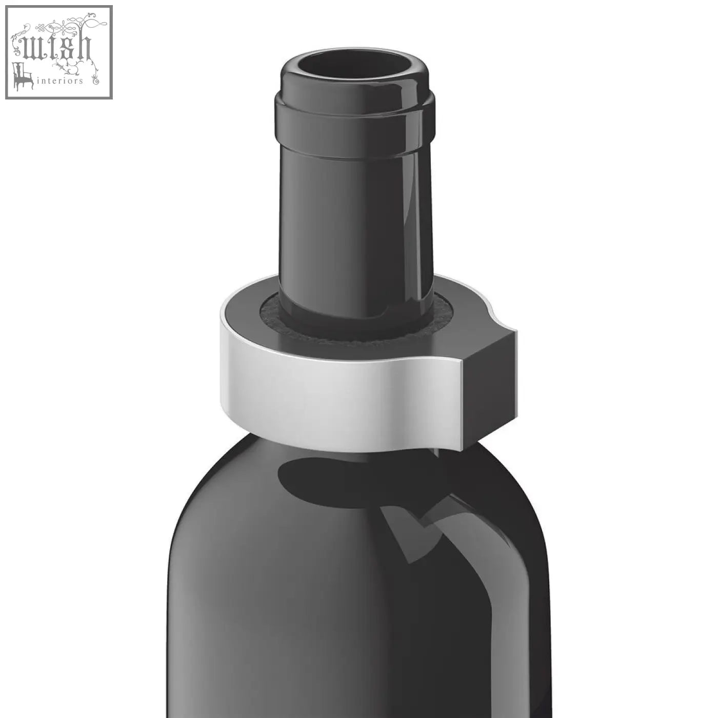 Black glass wine bottle with sleek silver metallic cap and black neck ring featuring zach premir brushed stainless steel drip ring
