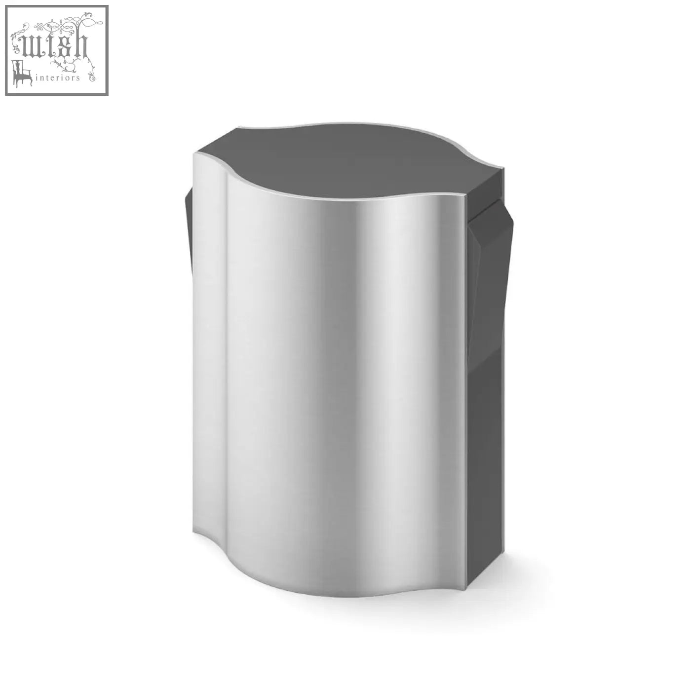 Silver metallic cylindrical trash can with dark gray top shown next to premiro champagne stopper for sparkling wine preservation