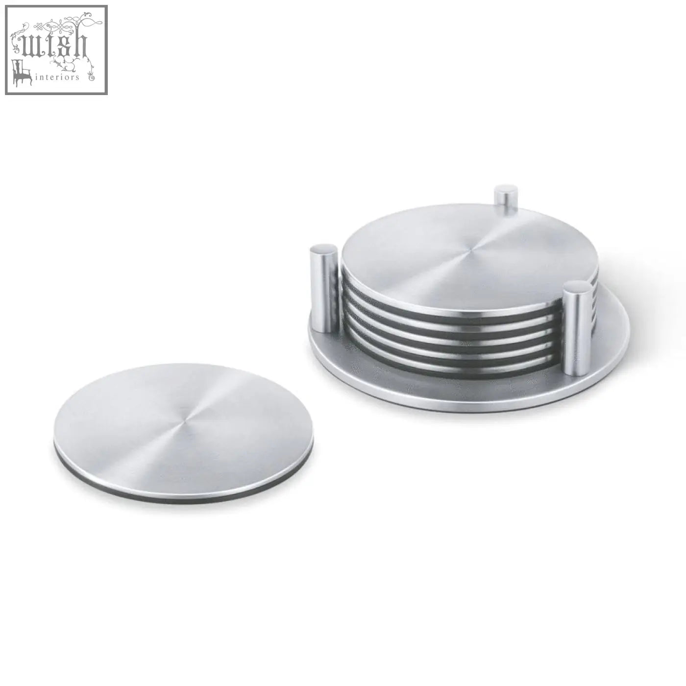 Set of six zack regio brushed stainless steel coasters with a sleek minimalist design and circular stand
