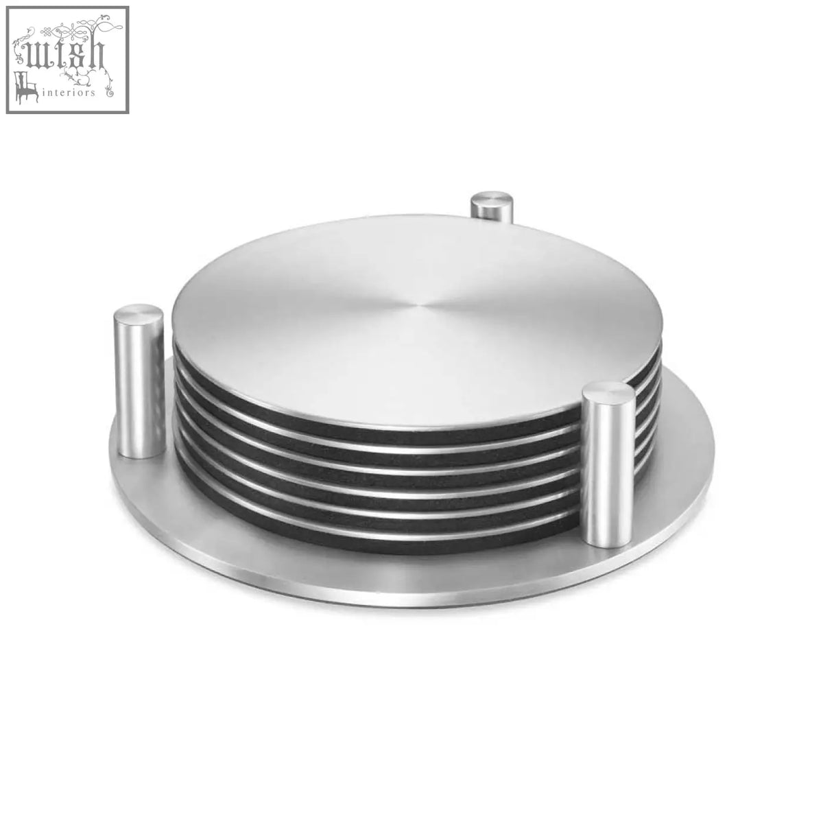 Set of six zack regio brushed stainless steel coasters with modern circular design and vertical support posts