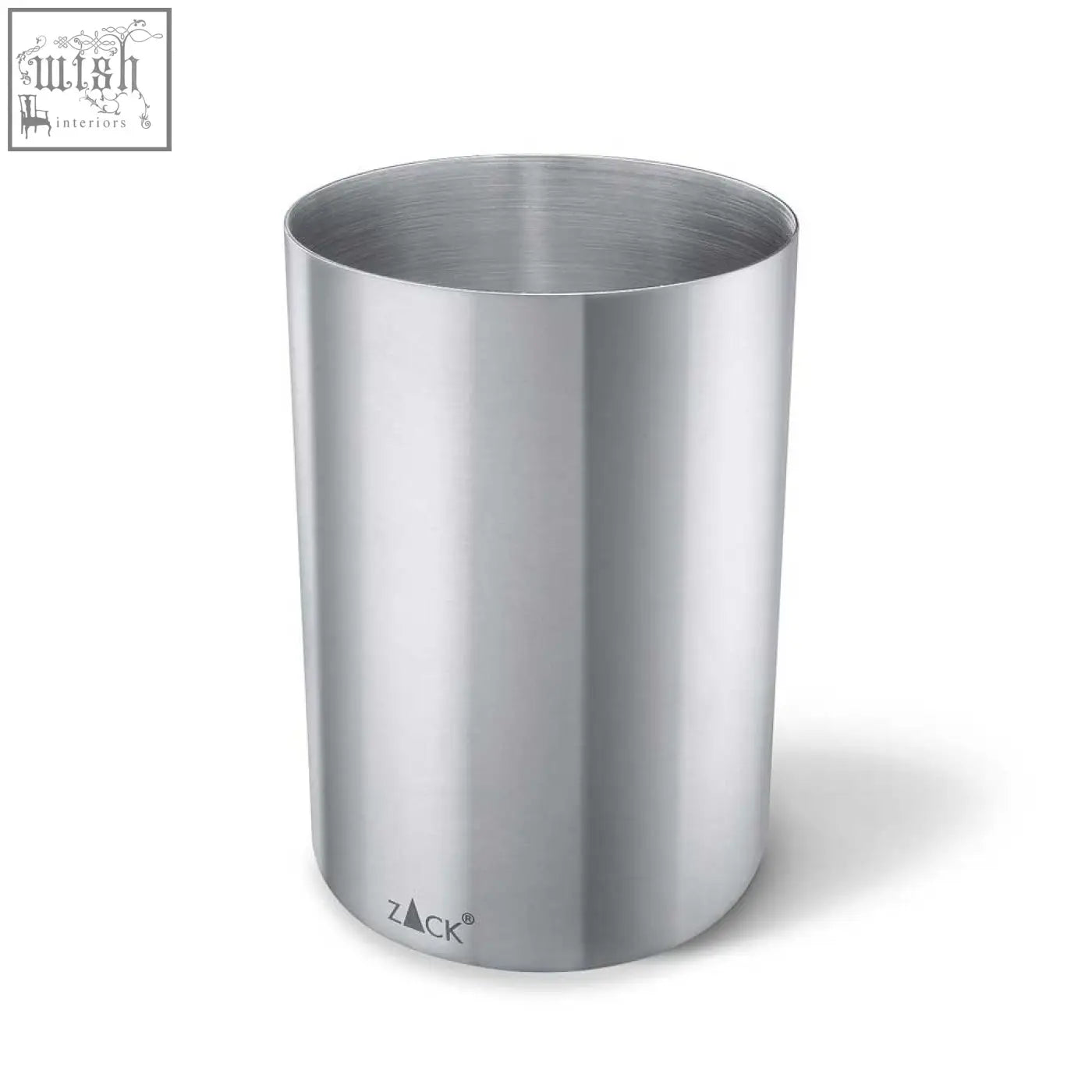 Silver zack rezzo brushed stainless steel bathroom tumbler with cylindrical design and zack logo near base