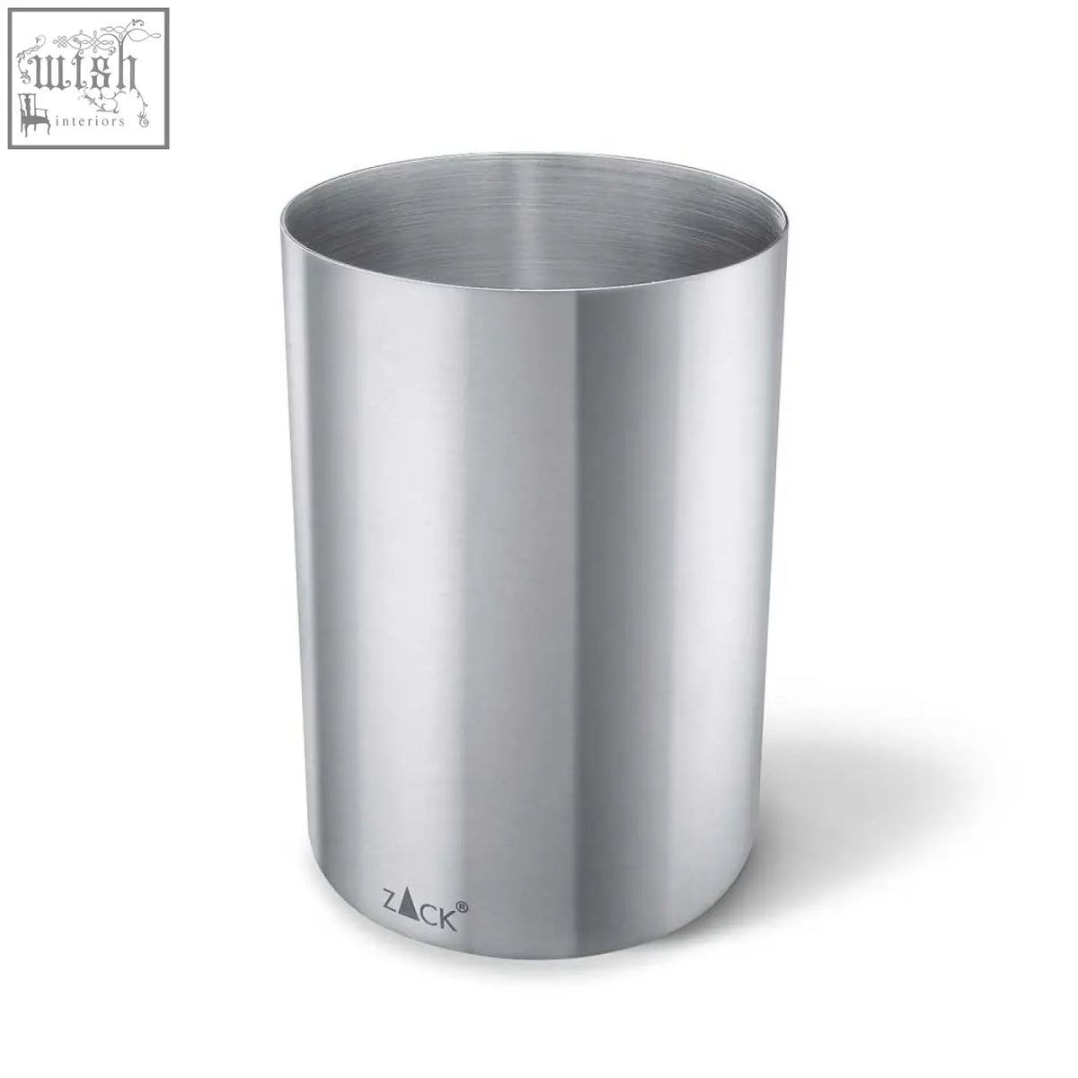 Silver zack rezzo brushed stainless steel bathroom tumbler with cylindrical design and zack logo near base