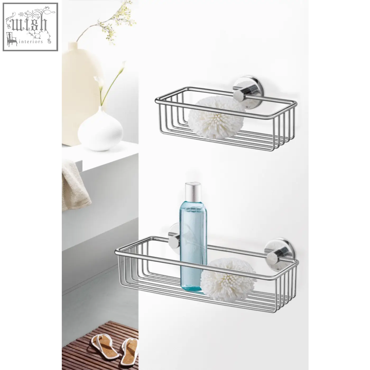 Chrome-finished zack scala stainless steel shower basket with rectangular grid and suction cup mounts for wall mounting