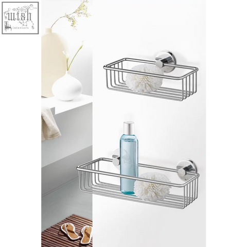 Chrome-finished zack scala stainless steel shower basket with rectangular grid and suction cup mounts for wall mounting