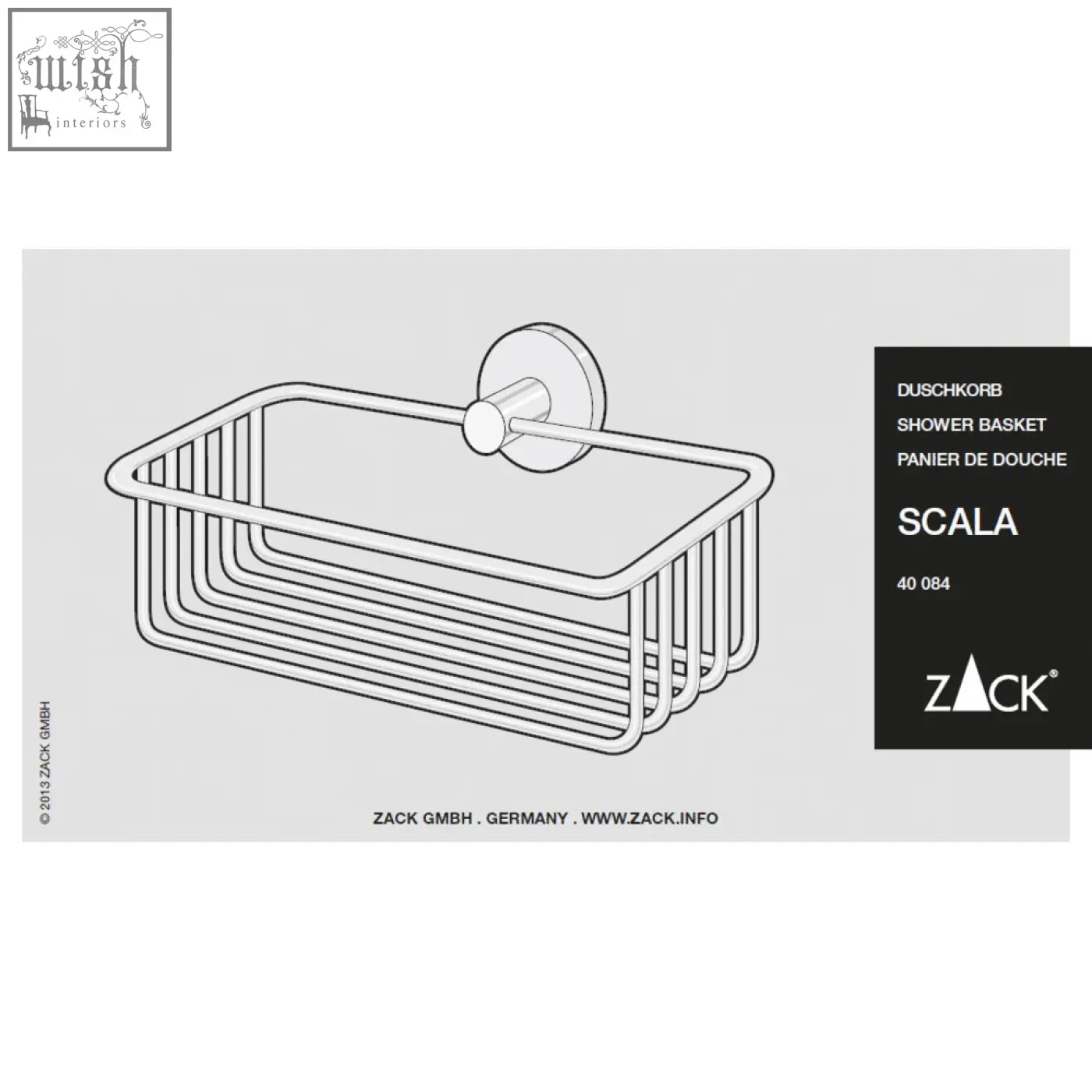 Silver wire shower basket with circular wall bracket in polished stainless steel by zack scala for bathroom use