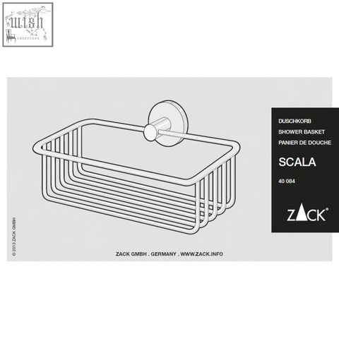 Silver wire shower basket with circular wall bracket in polished stainless steel by zack scala for bathroom use
