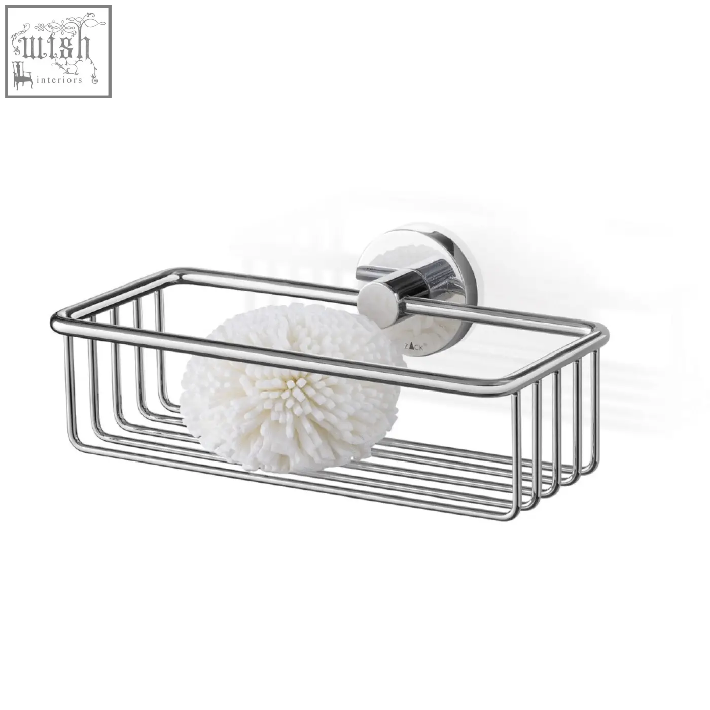 Chrome-finished zack scala shower basket with sleek rectangular wire mesh and stainless steel wall mount bracket