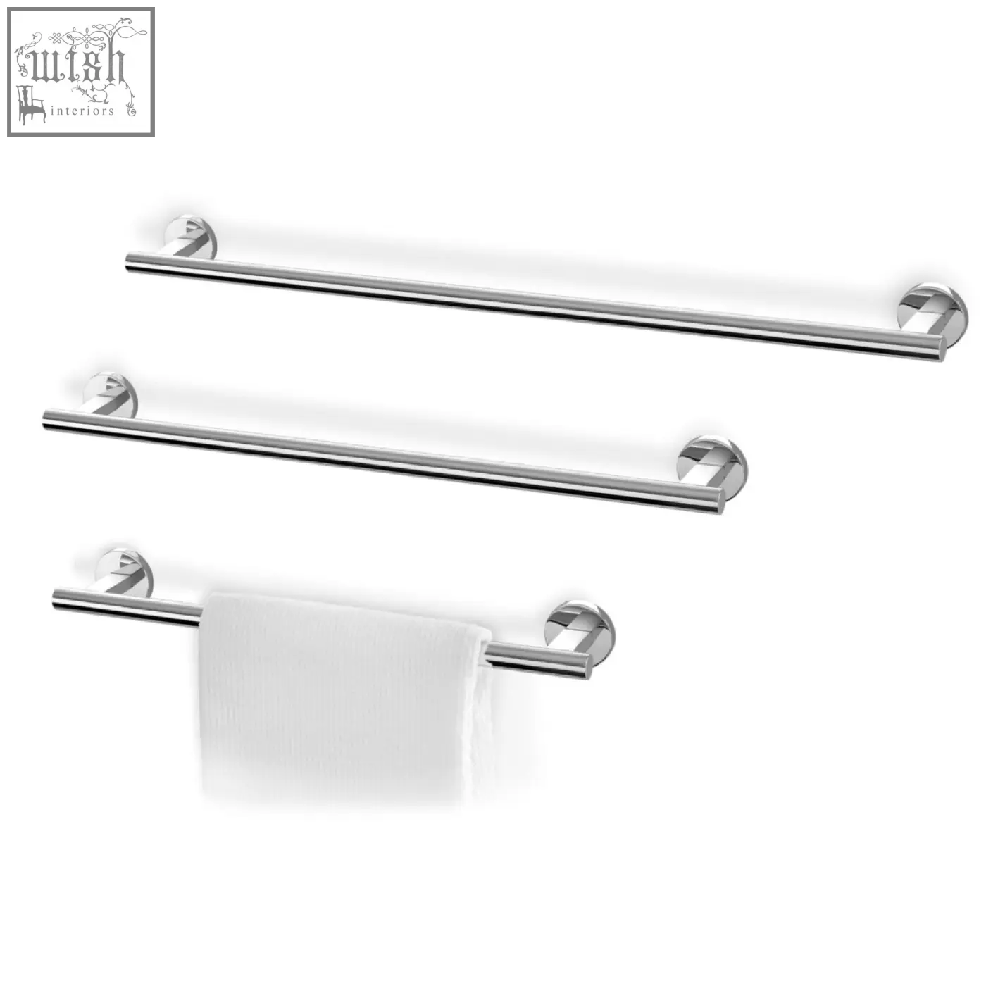 Set of three sleek chrome finished scala towel rails in polished stainless steel for stylish bathroom use