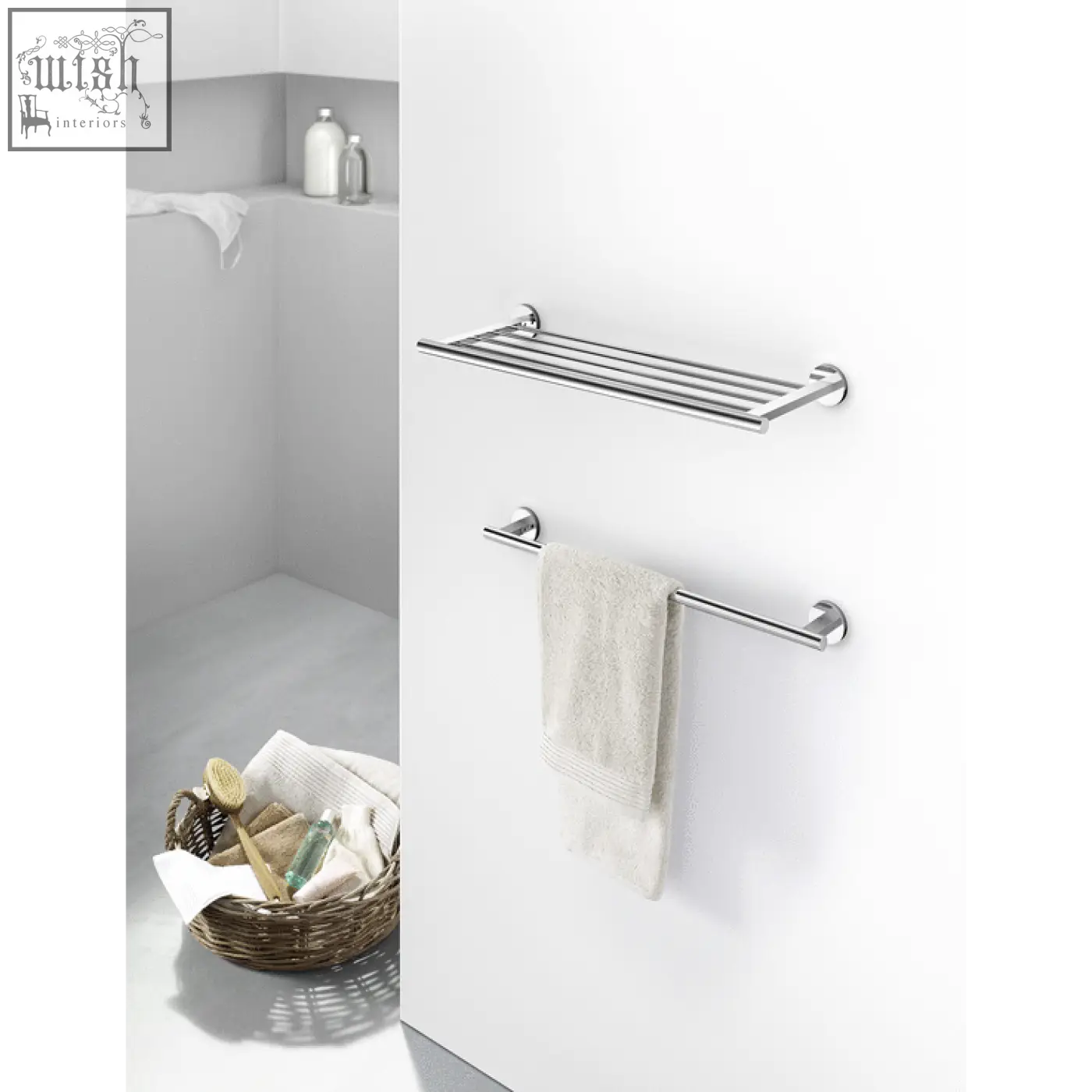 Chrome finished scala towel rail in polished stainless steel with two tiers for hanging towels in style