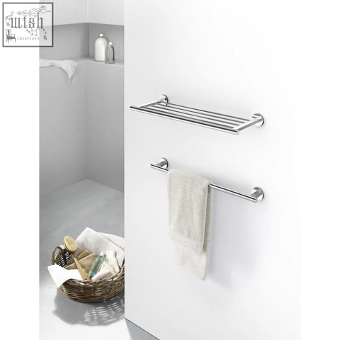 Chrome finished scala towel rail in polished stainless steel with two tiers for hanging towels in style