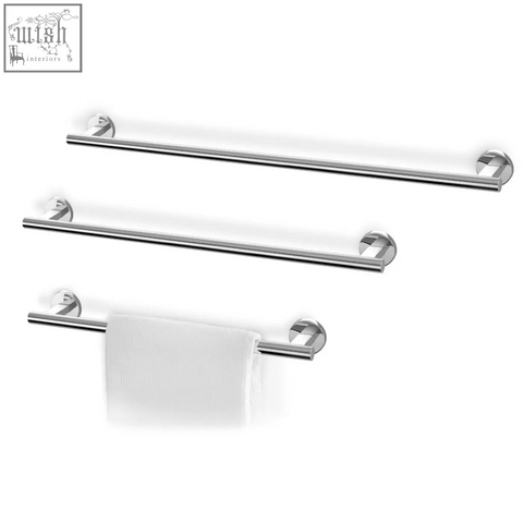 Set of three sleek chrome finished scala towel rail bars in polished stainless steel for stylish bathroom use