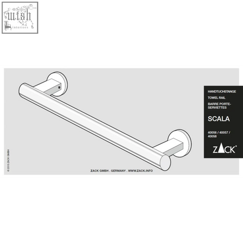 Silver stainless steel scala towel rail by zack with polished cylindrical bars and circular wall mounts for bathroom use