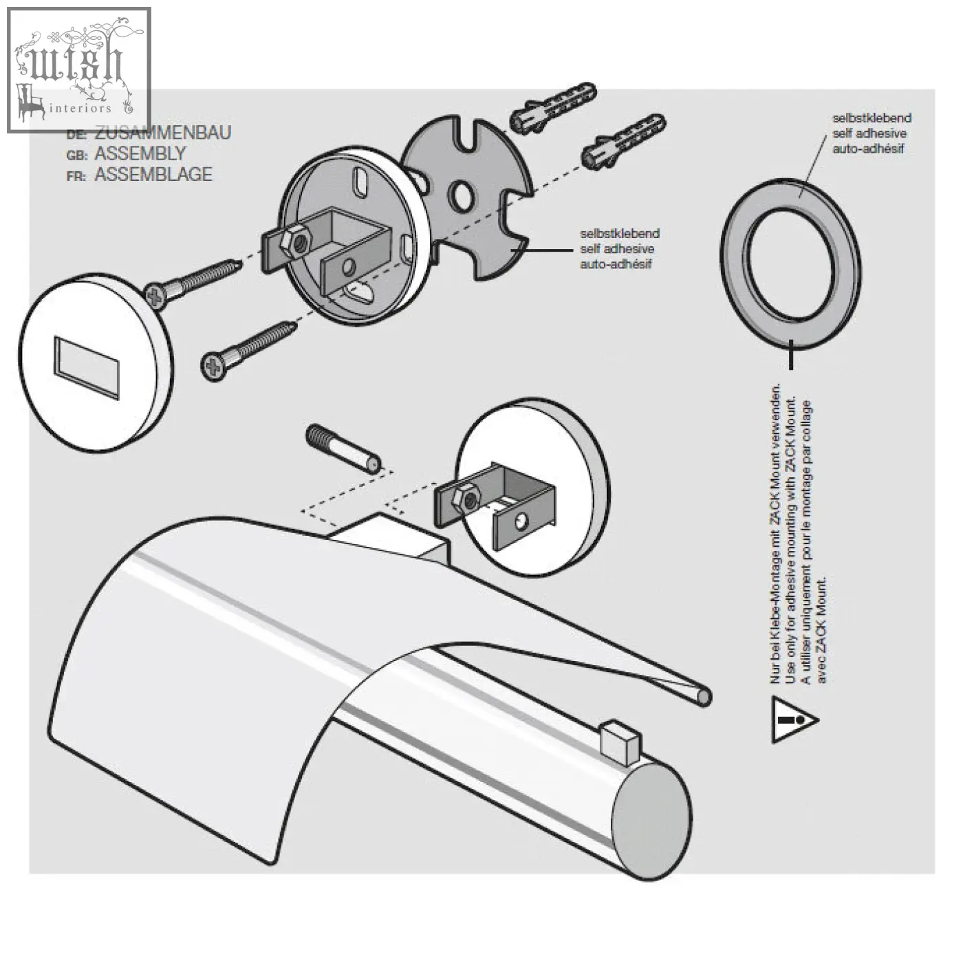 Silver-finished zack door handle with curved design and self-adhesive mounting for stainless steel toilet roll holder