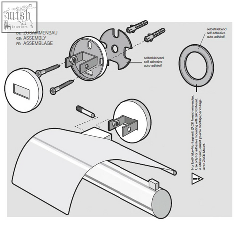 Silver-finished zack door handle with curved design and self-adhesive mounting for stainless steel toilet roll holder