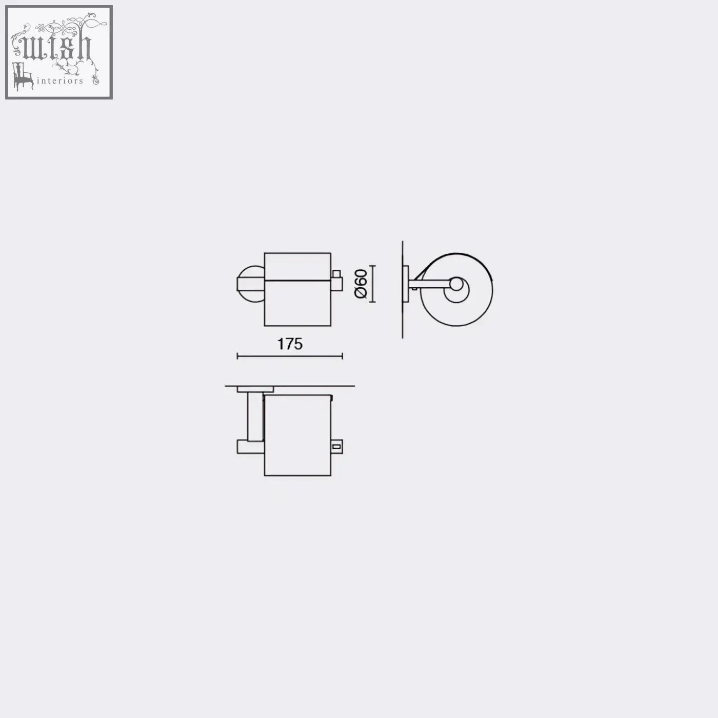 Minimalist wall-mounted sconce with sleek cylindrical body and curved arm near stainless steel toilet roll holder