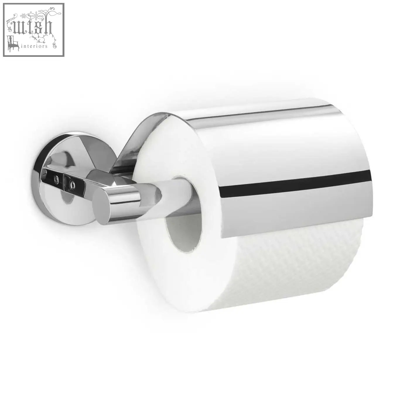 Chrome-finished zack scala stainless steel toilet roll holder with sleek design and single black accent stripe