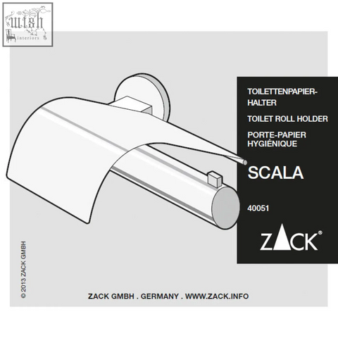 Silver-toned zack scala stainless steel toilet roll holder with modern curved arm and covered premium protection design