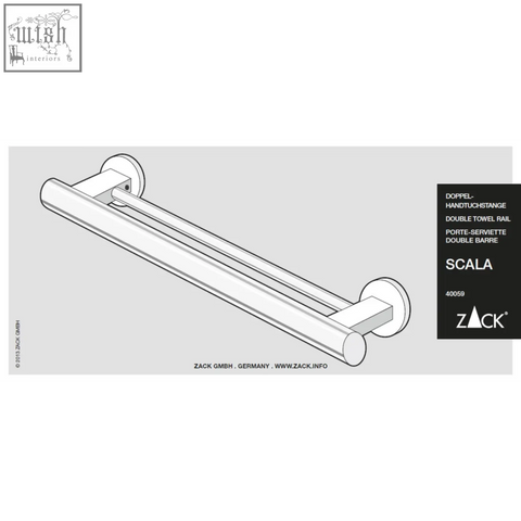 Silver zack scala polished stainless steel double towel rail with sleek cylindrical bars and circular wall mounts