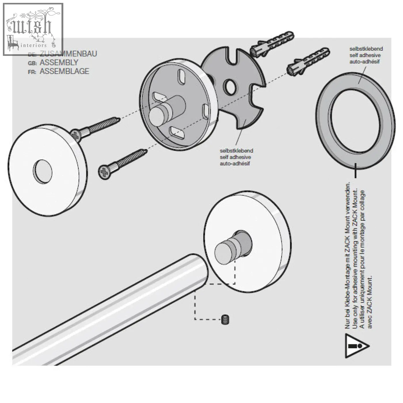 White circular zack mount hardware for wall mounting the scala towel holder in polished stainless steel