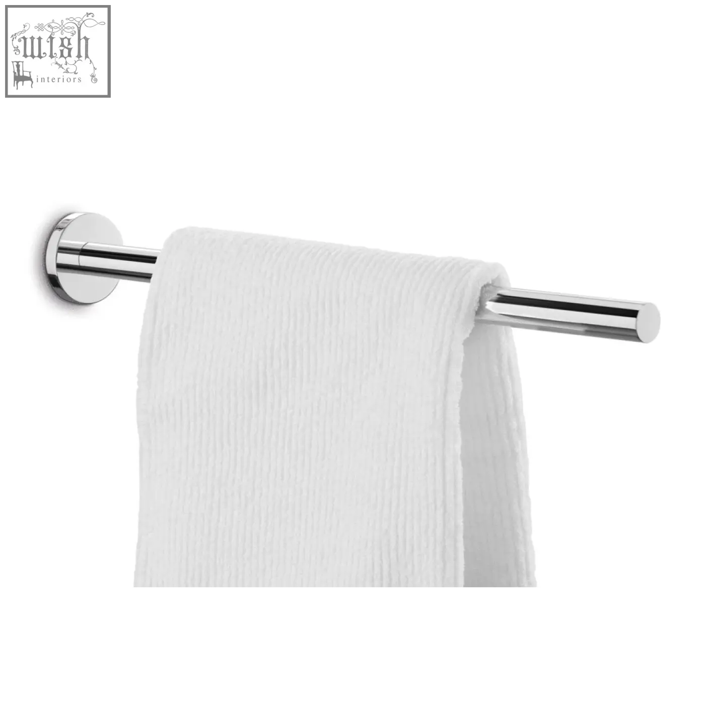 Chrome finished scala towel holder in polished stainless steel holding a white textured towel for bathroom use