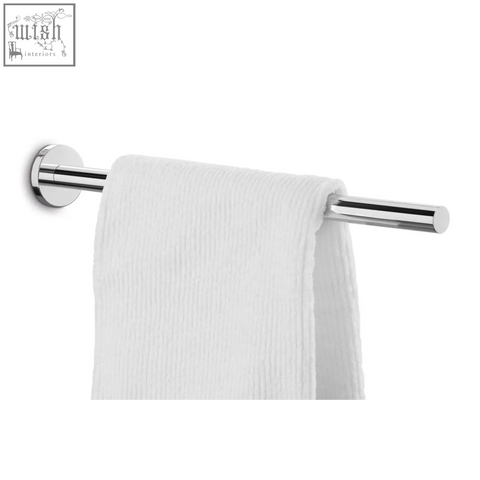 Chrome finished scala towel holder in polished stainless steel holding a white textured towel for bathroom use
