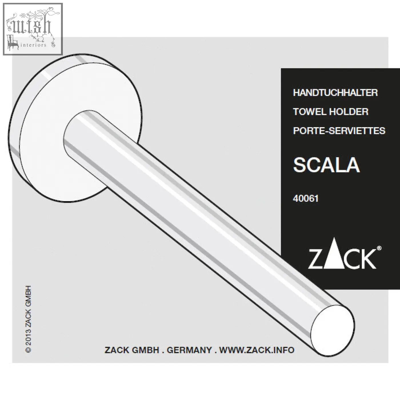 Silver metallic scala towel holder with sleek cylindrical design and circular mounting plate in stainless steel