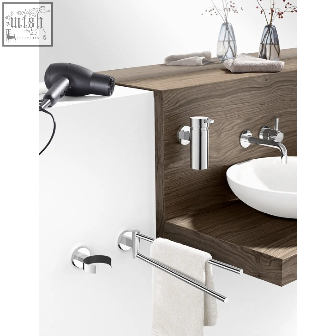 Chrome finished double-bar towel rack in polished stainless steel for stylish hair dryer holder and bathroom organisation