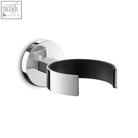 Chrome finished wall-mounted shaving brush holder with black rubber interior for sleek stainless steel hair dryer organization
