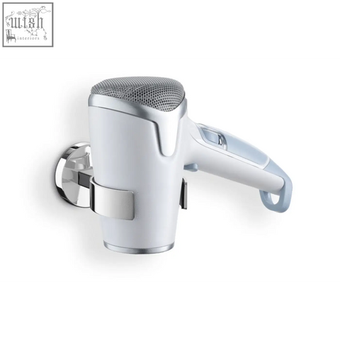 A sleek white and silver hair dryer on a zack scala polished stainless steel hair dryer holder for bathroom organization