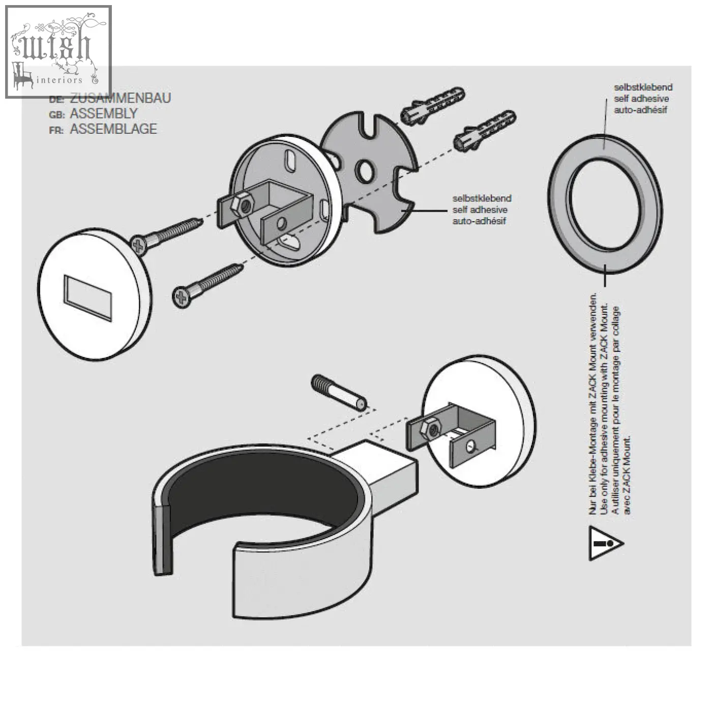 White circular back side of zack scala stainless steel hair dryer holder with screws and self-adhesive mounts