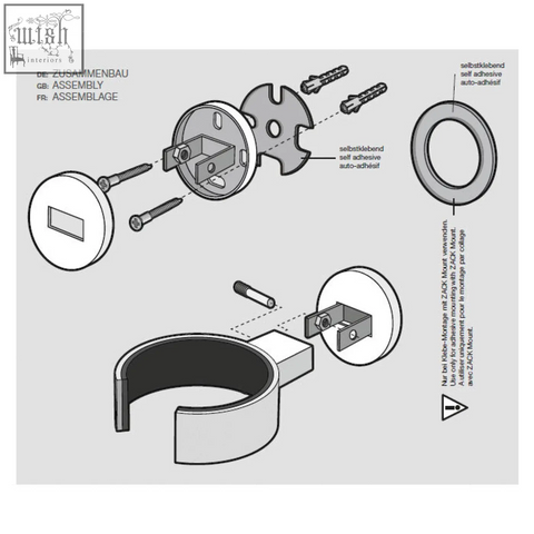 White circular back side of zack scala stainless steel hair dryer holder with screws and self-adhesive mounts