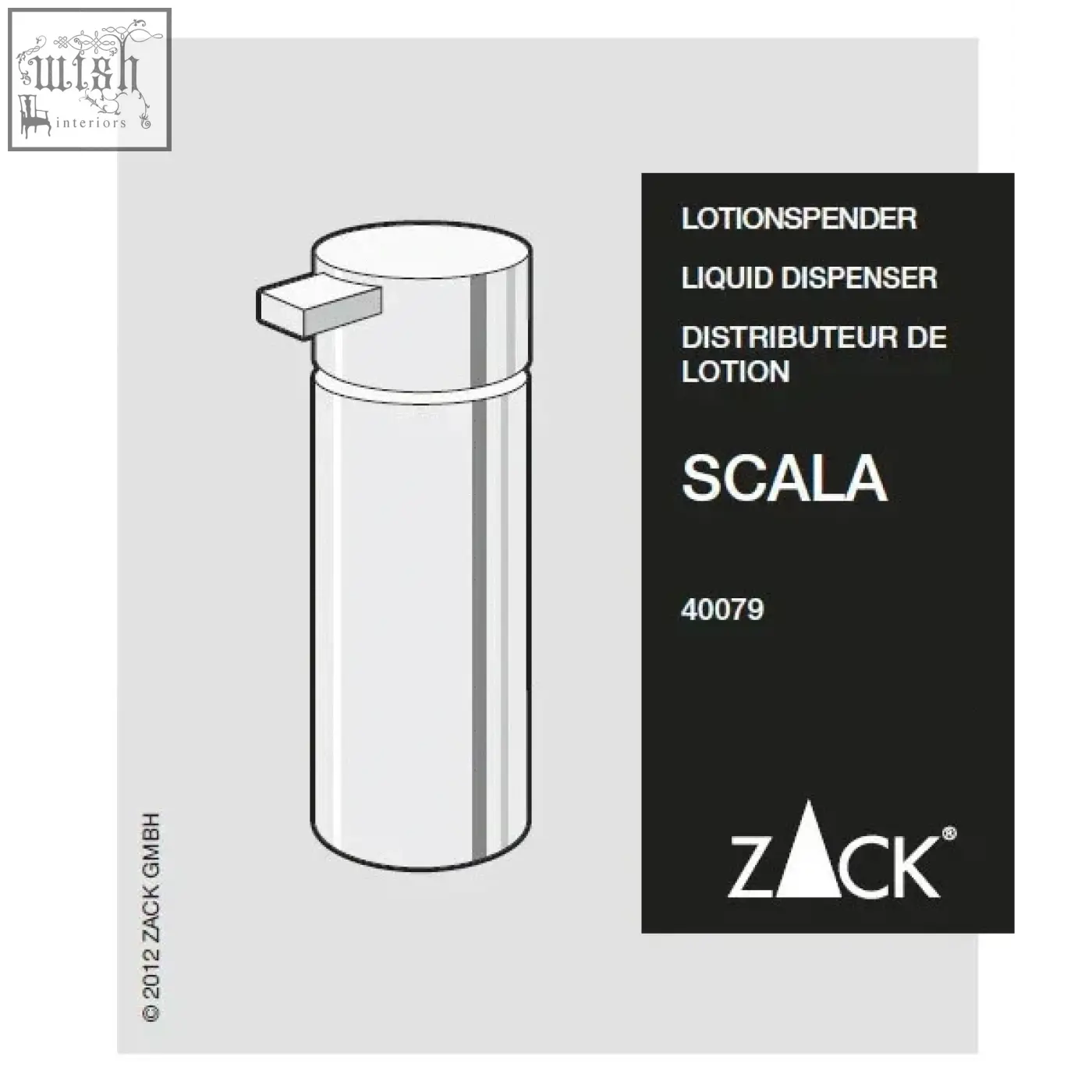 Silver cylindrical scala soap dispenser in polished stainless steel with a modern rectangular push-button top