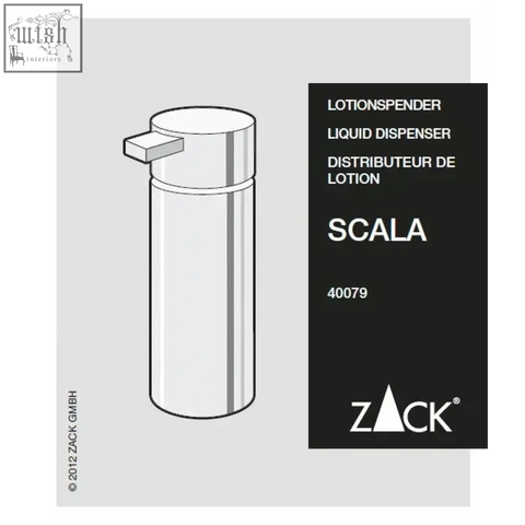 Silver cylindrical scala soap dispenser in polished stainless steel with a modern rectangular push-button top