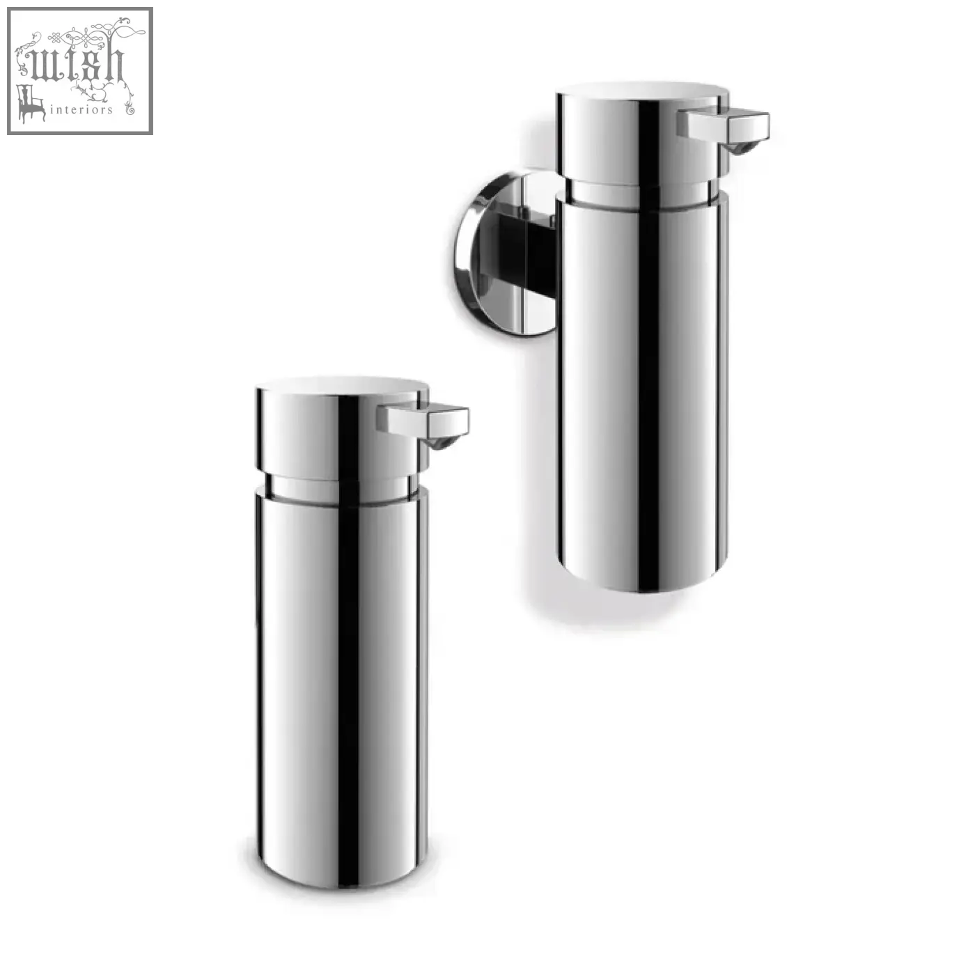 Chrome-finished scala soap dispenser set with sleek cylindrical design in polished stainless steel wall-mounted and freestanding