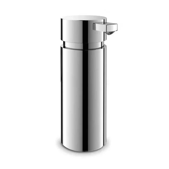 Chrome-finished scala soap dispenser with sleek cylindrical design and rectangular push-button in stainless steel